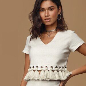 Super Cute Beige Tassel Crop Top
